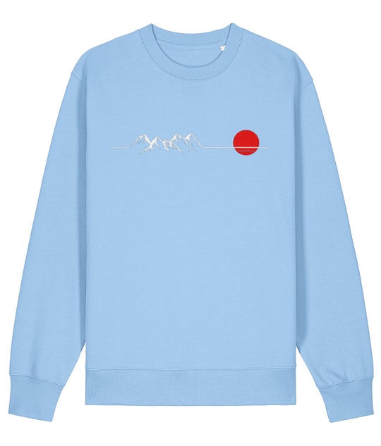 Harebell Blue mid-blue Nanook23 Horizon organic cotton sweatshirt with a white line drawing of mountains along a horizon and a red sun across the chest.