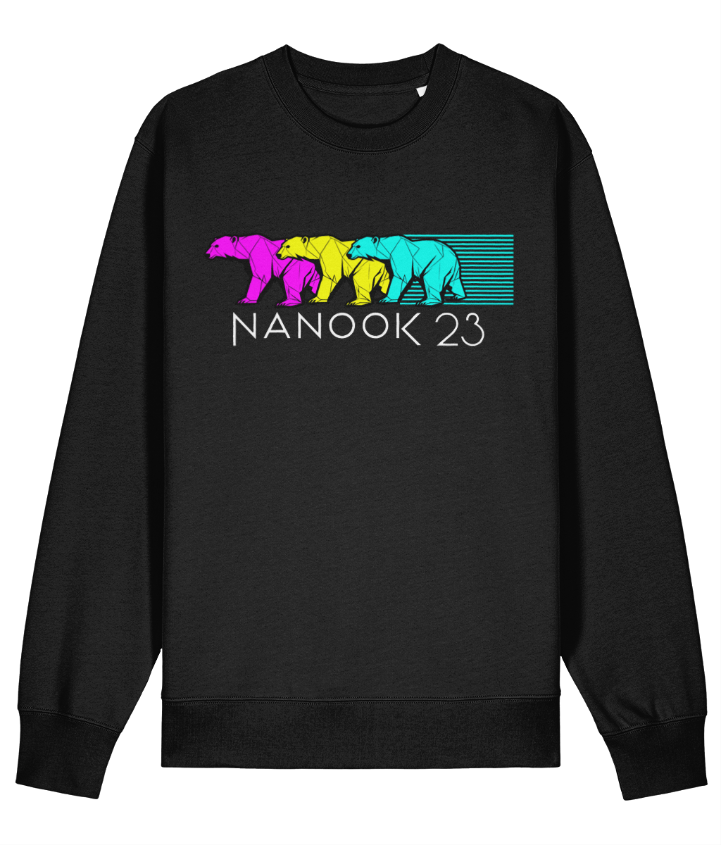 Black Nanook23 Neon Trio organic cotton sweatshirt with three overlapping geometric polar bears in magenta, yellow and cyan above the Nanook23 name.