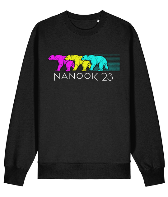 Black Nanook23 Neon Trio organic cotton sweatshirt with three overlapping geometric polar bears in magenta, yellow and cyan above the Nanook23 name.