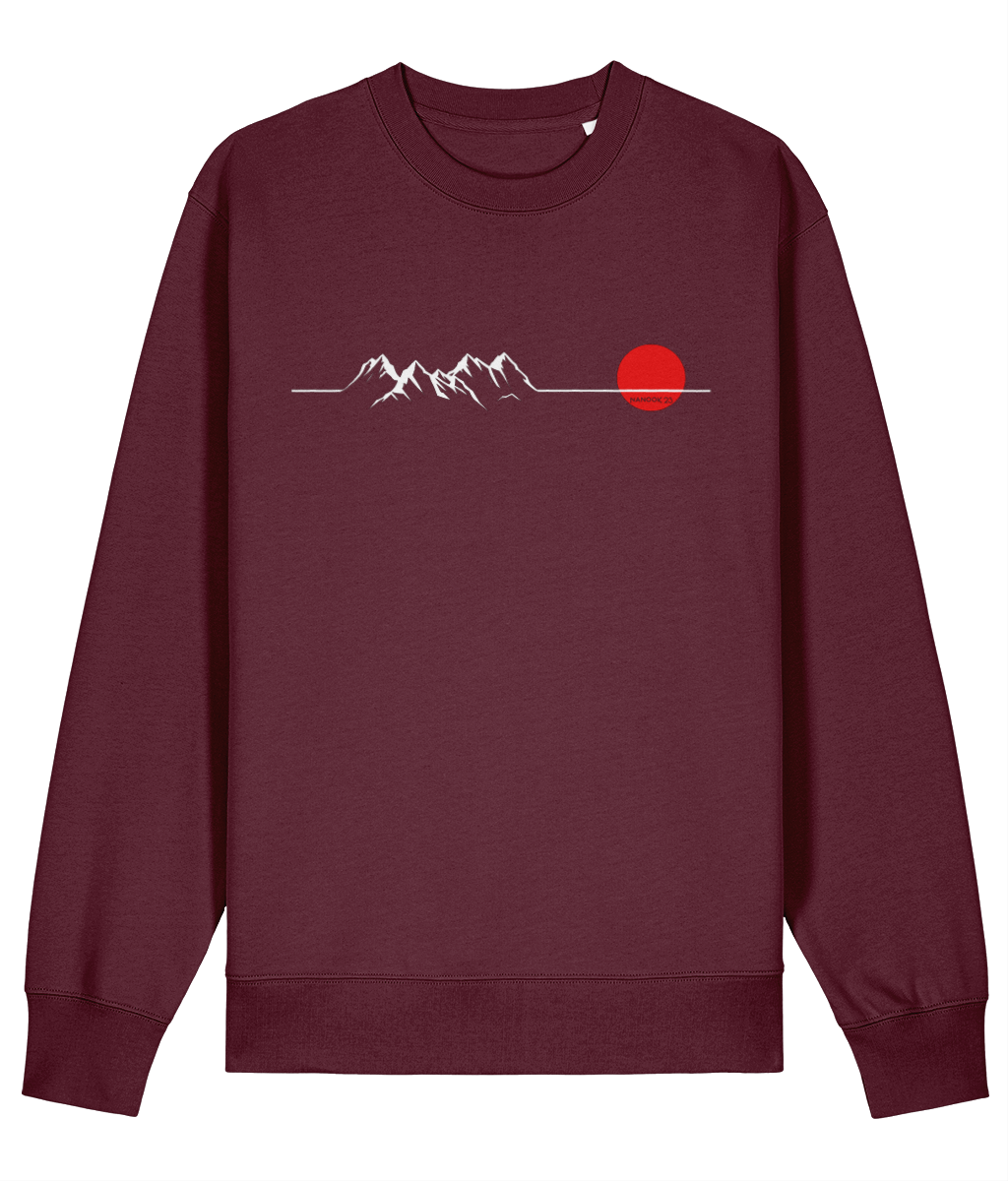 Sloe Plum deep purple Nanook23 Horizon organic cotton sweatshirt with a white line drawing of mountains along a horizon and a red sun across the chest.