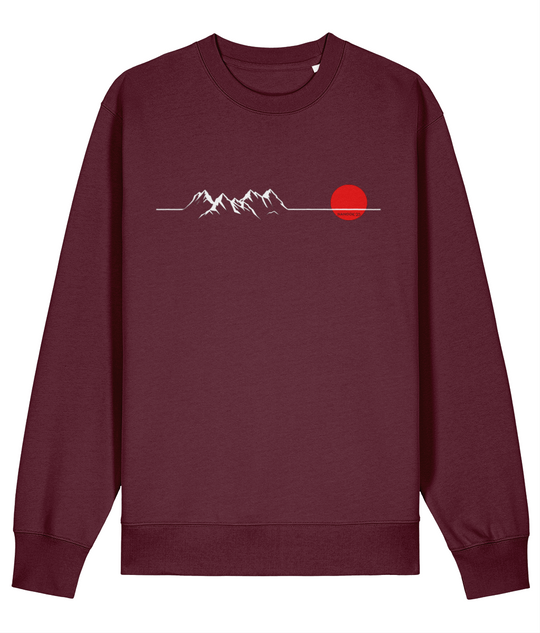 Sloe Plum deep purple Nanook23 Horizon organic cotton sweatshirt with a white line drawing of mountains along a horizon and a red sun across the chest.