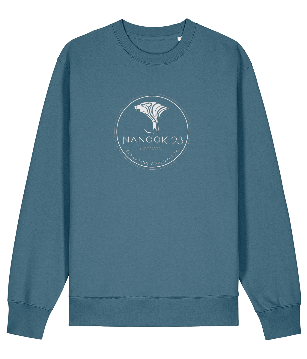 Loch Blue dark petrol blue Nanook23 Race Series Stamp organic cotton sweatshirt with a white circular badge of a stylised polar bear head above the Nanook23 name on the chest.