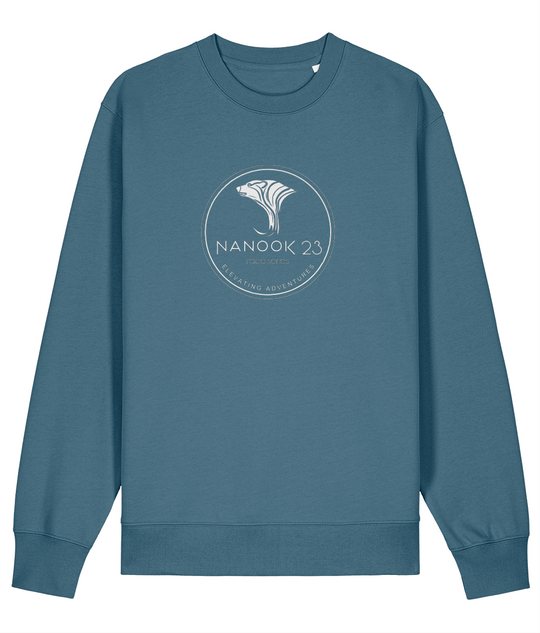 Loch Blue dark petrol blue Nanook23 Race Series Stamp organic cotton sweatshirt with a white circular badge of a stylised polar bear head above the Nanook23 name on the chest.