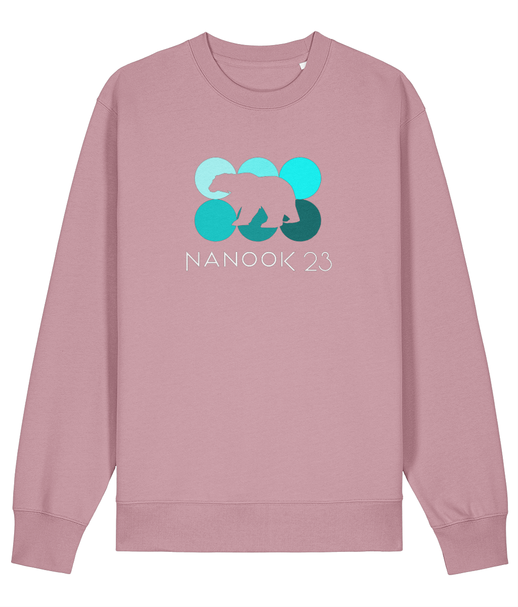 Saltmarsh Lilac pale purple Nanook23 Mint Dots organic cotton sweatshirt with six circles in shades of turquoise, a polar bear silhouette cut out across them and the Nanook23 name below.