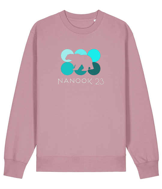 Saltmarsh Lilac pale purple Nanook23 Mint Dots organic cotton sweatshirt with six circles in shades of turquoise, a polar bear silhouette cut out across them and the Nanook23 name below.