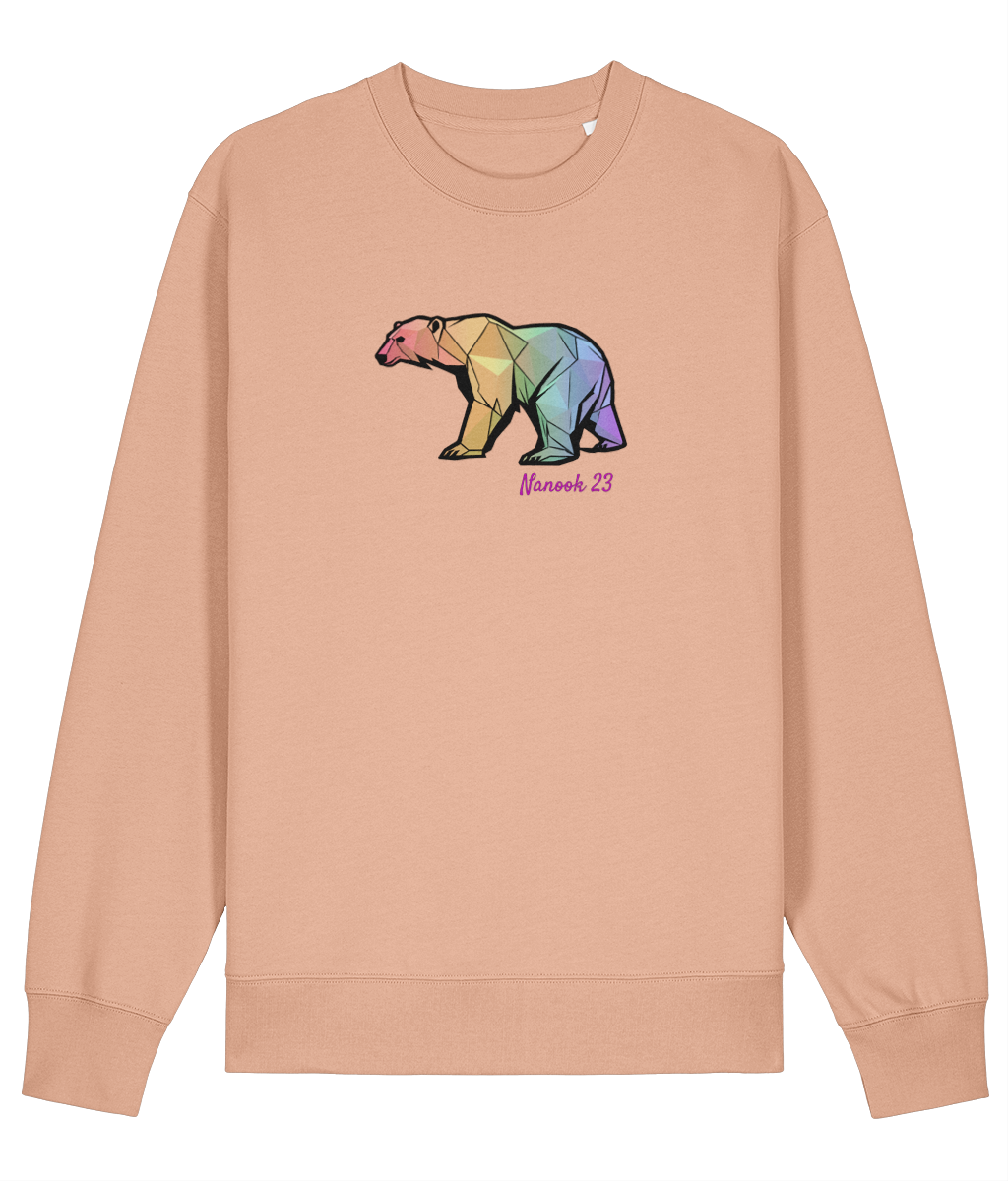 Dawn Peach soft peach Nanook23 Rainbow Geo Bear organic cotton sweatshirt with a geometric polar bear in rainbow shades and Nanook 23 script on the chest.