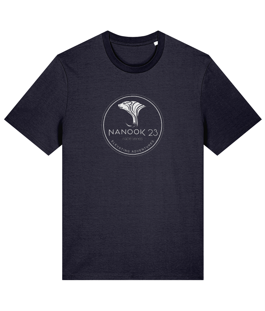 Midnight Navy dark blue Nanook23 Race Series Stamp organic cotton t-shirt with a white circular badge of a stylised polar bear head above the Nanook23 name on the chest.