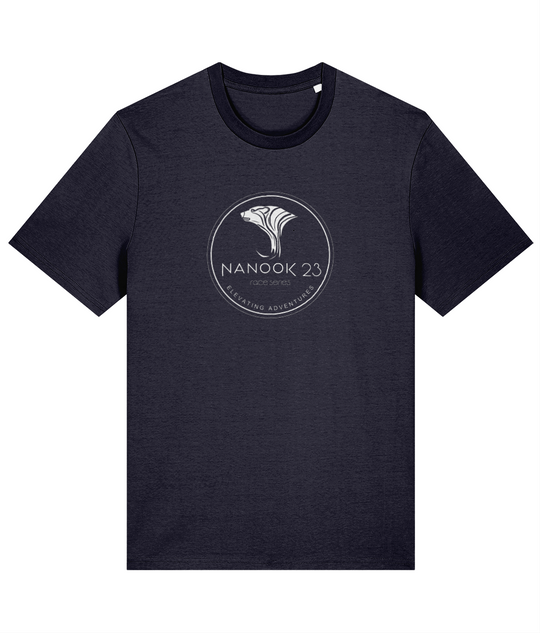 Midnight Navy dark blue Nanook23 Race Series Stamp organic cotton t-shirt with a white circular badge of a stylised polar bear head above the Nanook23 name on the chest.