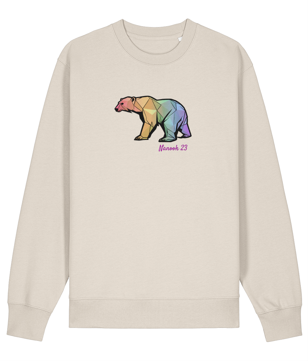 Undyed Natural cream Nanook23 Rainbow Geo Bear organic cotton sweatshirt with a geometric polar bear in rainbow shades and Nanook 23 script on the chest.