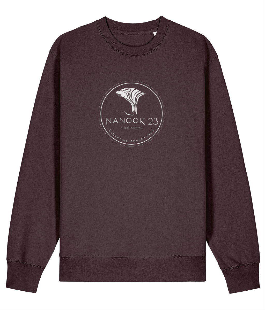 Bracken Brown rust brown Nanook23 Race Series Stamp organic cotton sweatshirt with a white circular badge of a stylised polar bear head above the Nanook23 name on the chest.