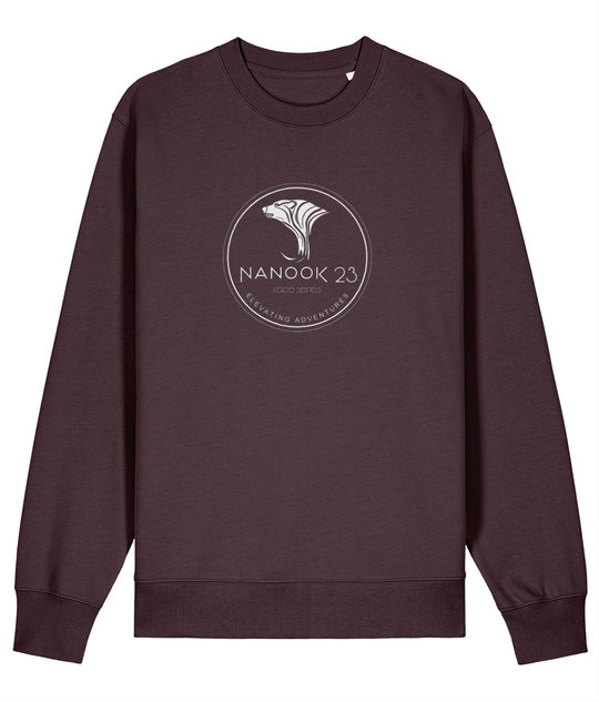 Bracken Brown rust brown Nanook23 Race Series Stamp organic cotton sweatshirt with a white circular badge of a stylised polar bear head above the Nanook23 name on the chest.