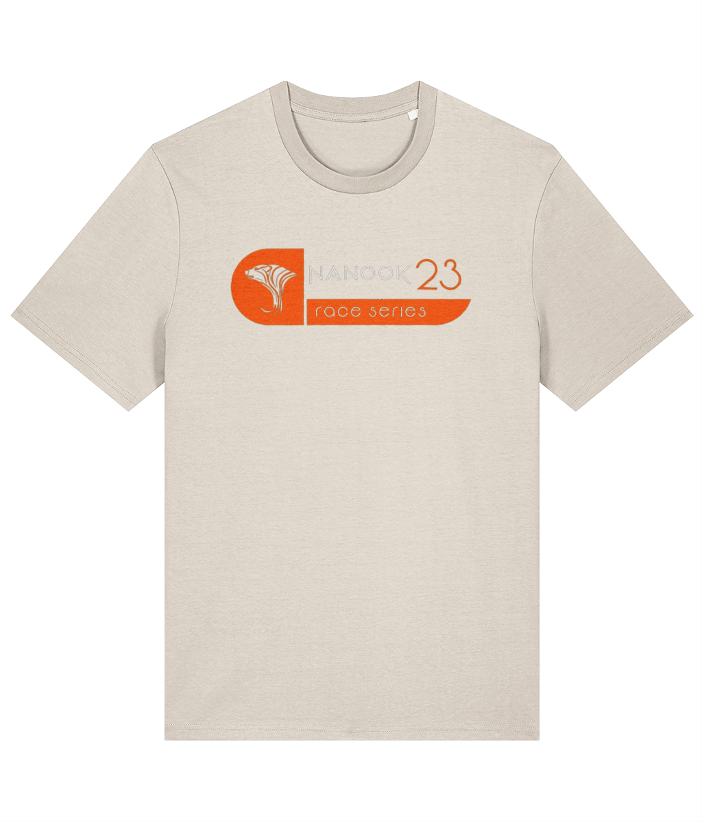 Undyed Natural cream Nanook23 Wipeout organic cotton t-shirt with the Race Series bear head logo and Nanook23 name in bright orange across the chest