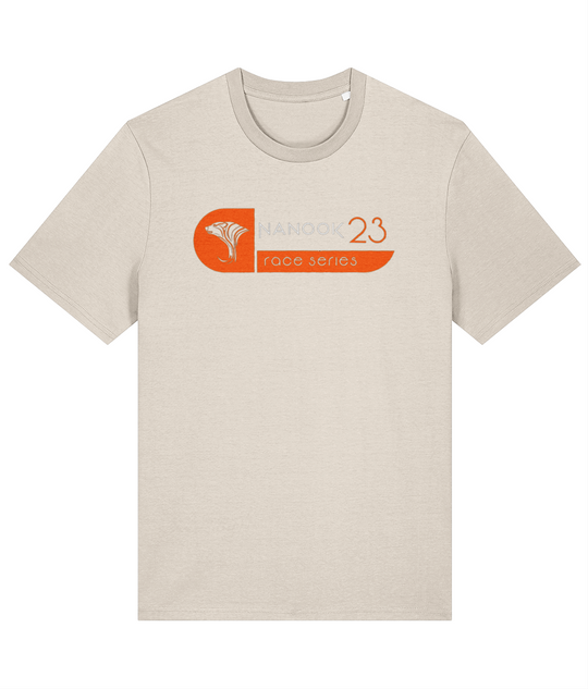 Undyed Natural cream Nanook23 Wipeout organic cotton t-shirt with the Race Series bear head logo and Nanook23 name in bright orange across the chest