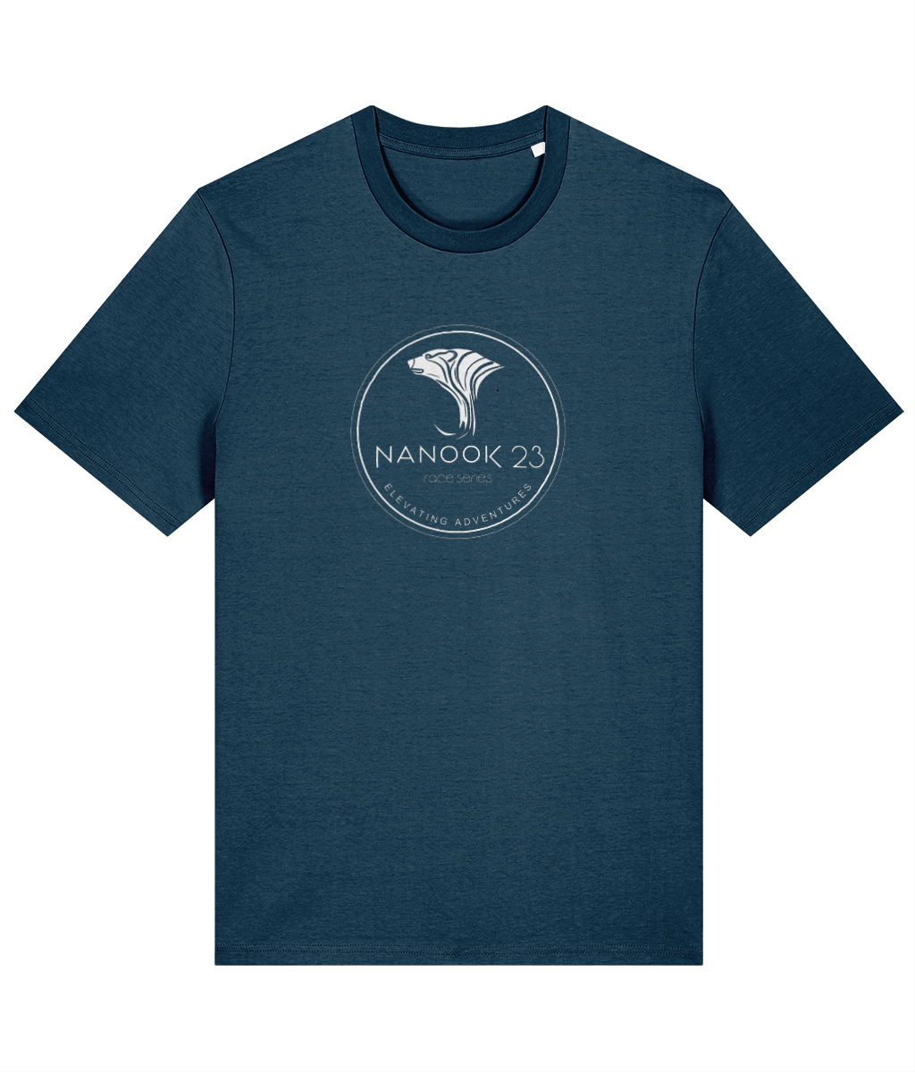 Fathom Teal dark teal Nanook23 Race Series Stamp organic cotton t-shirt with a white circular badge of a stylised polar bear head above the Nanook23 name on the chest.