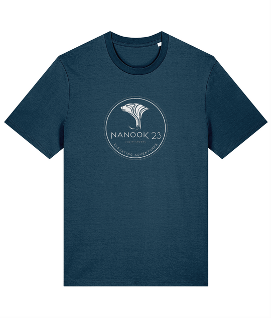 Fathom Teal dark teal Nanook23 Race Series Stamp organic cotton t-shirt with a white circular badge of a stylised polar bear head above the Nanook23 name on the chest.
