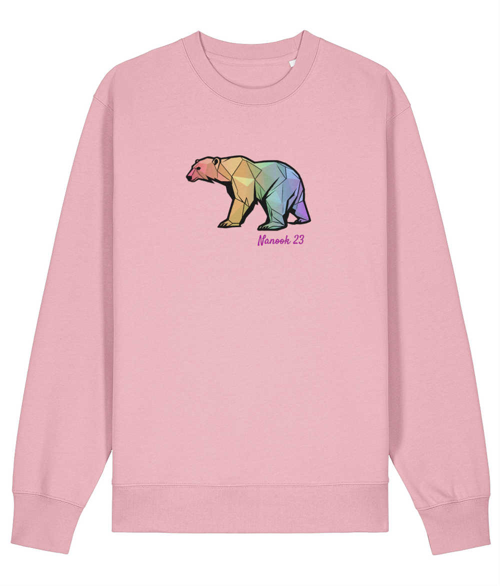 Thrift Pink soft pink Nanook23 Rainbow Geo Bear organic cotton sweatshirt with a geometric polar bear in rainbow shades and Nanook 23 script on the chest.