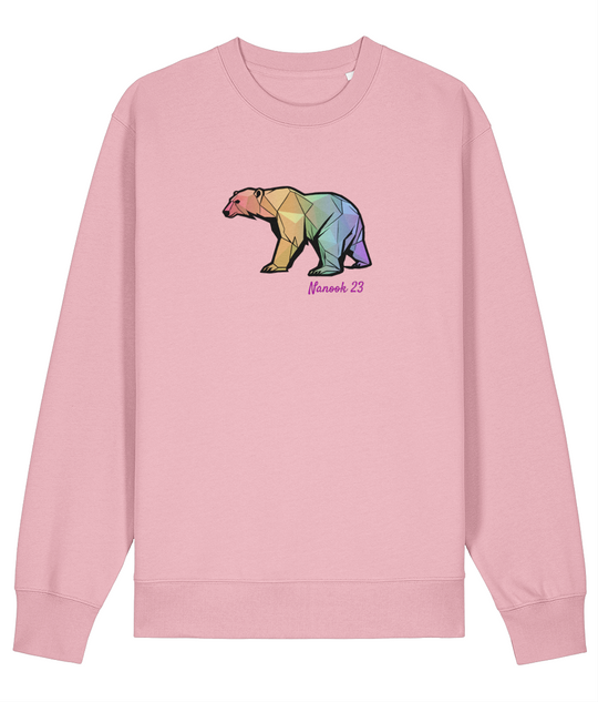 Thrift Pink soft pink Nanook23 Rainbow Geo Bear organic cotton sweatshirt with a geometric polar bear in rainbow shades and Nanook 23 script on the chest.