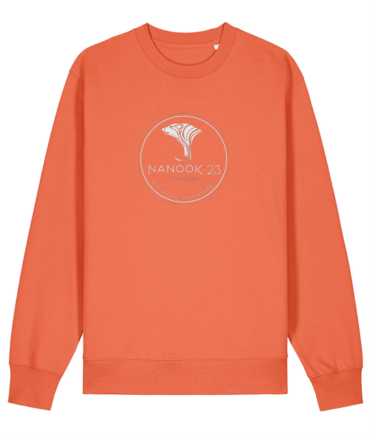 Campfire Red Nanook23 Race Series Stamp organic cotton sweatshirt with a white circular badge of a stylised polar bear head above the Nanook23 name on the chest.