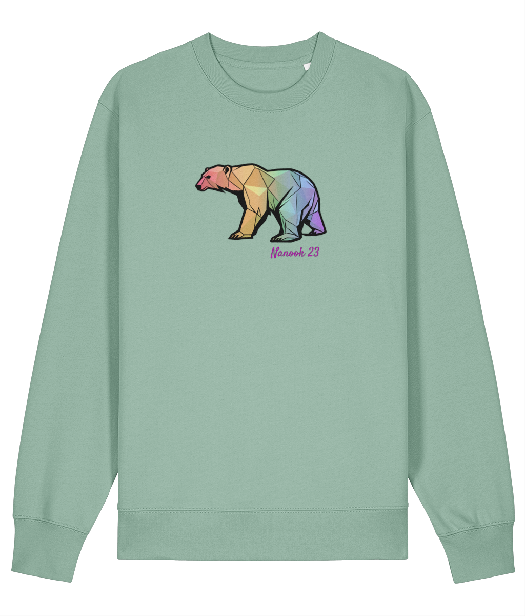 Sage Green soft green Nanook23 Rainbow Geo Bear organic cotton sweatshirt with a geometric polar bear in rainbow shades and Nanook 23 script on the chest.