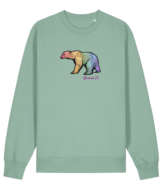Sage Green soft green Nanook23 Rainbow Geo Bear organic cotton sweatshirt with a geometric polar bear in rainbow shades and Nanook 23 script on the chest.