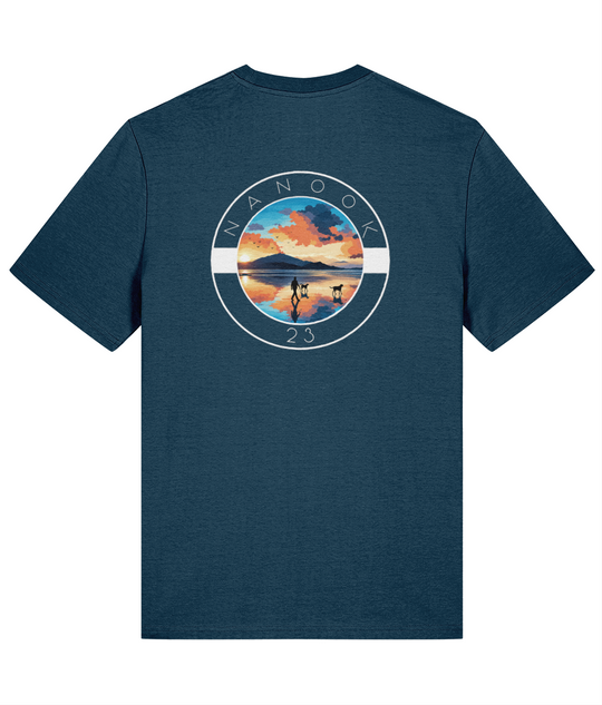 Back of the Fathom Teal dark teal Nanook23 Beach Walk t-shirt with a large print of a person walking two dogs across a beach at sunrise.