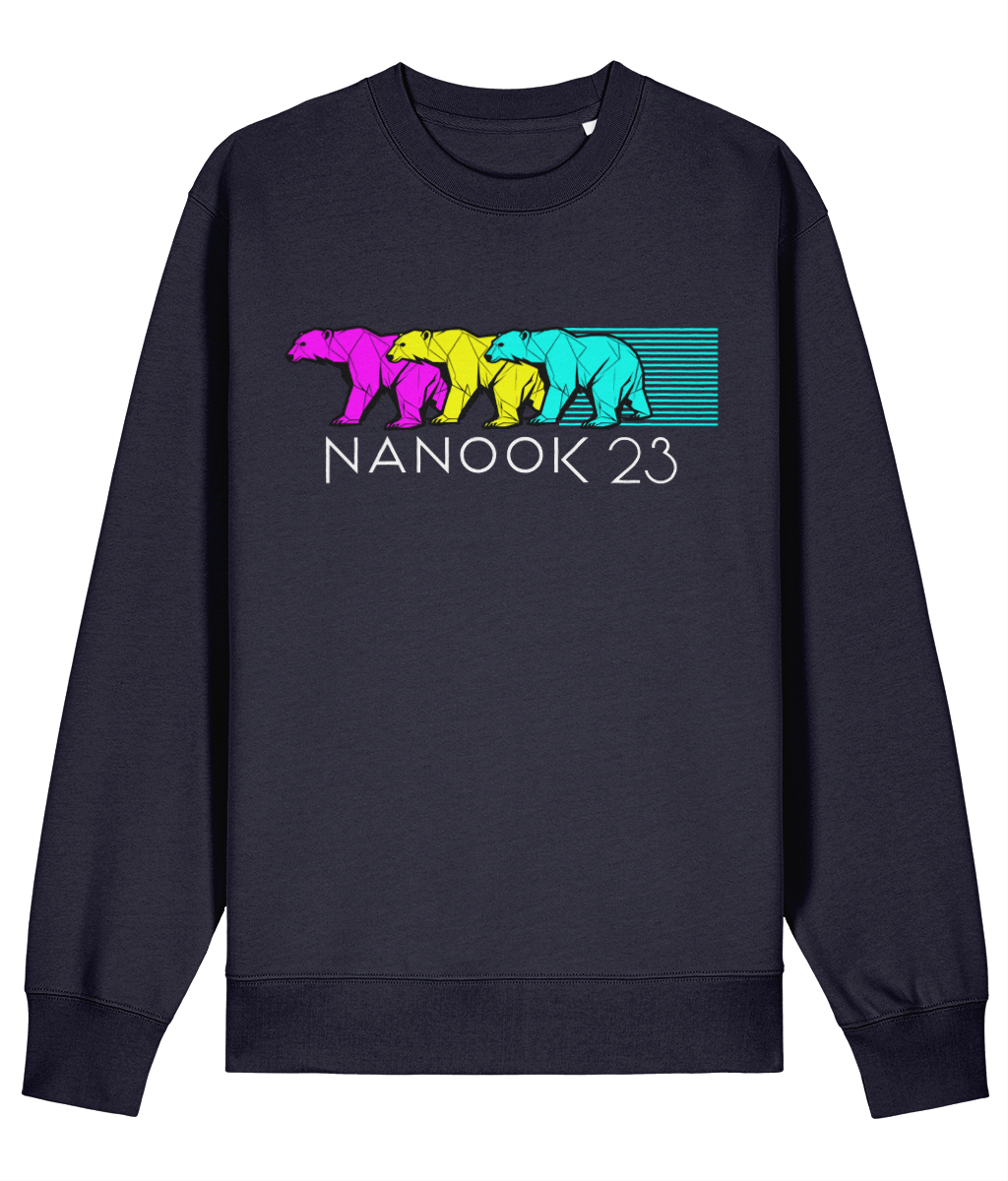 Midnight Navy dark blue Nanook23 Neon Trio organic cotton sweatshirt with three overlapping geometric polar bears in magenta, yellow and cyan above the Nanook23 name.