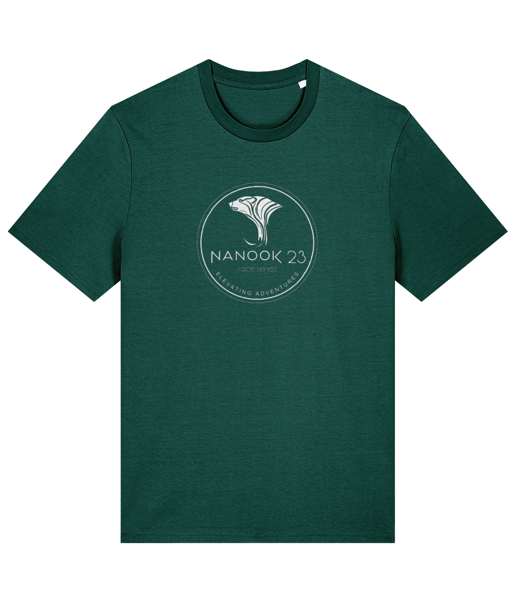 Fern Green Nanook23 Race Series Stamp organic cotton t-shirt with a white circular badge of a stylised polar bear head above the Nanook23 name on the chest.