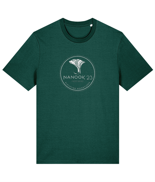 Fern Green Nanook23 Race Series Stamp organic cotton t-shirt with a white circular badge of a stylised polar bear head above the Nanook23 name on the chest.