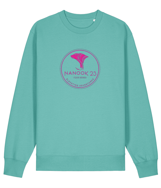 Shallows Blue turquoise Nanook23 Race Series Stamp Pink organic cotton sweatshirt with a pink circular badge of a stylised polar bear head above the Nanook23 name on the chest.