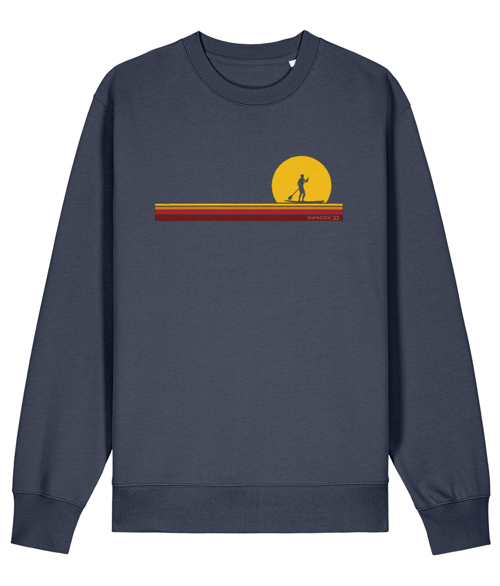 Storm Grey dark blue-grey Nanook23 First Light organic cotton sweatshirt with a paddleboarder silhouetted against a yellow sun above stripes of yellow, orange and red.