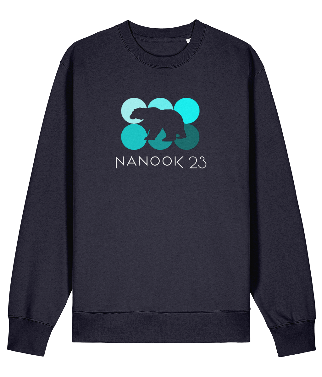 Midnight Navy dark blue Nanook23 Mint Dots organic cotton sweatshirt with six circles in shades of turquoise, a polar bear silhouette cut out across them and the Nanook23 name below.