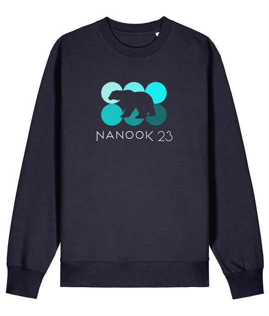 Midnight Navy dark blue Nanook23 Mint Dots organic cotton sweatshirt with six circles in shades of turquoise, a polar bear silhouette cut out across them and the Nanook23 name below.