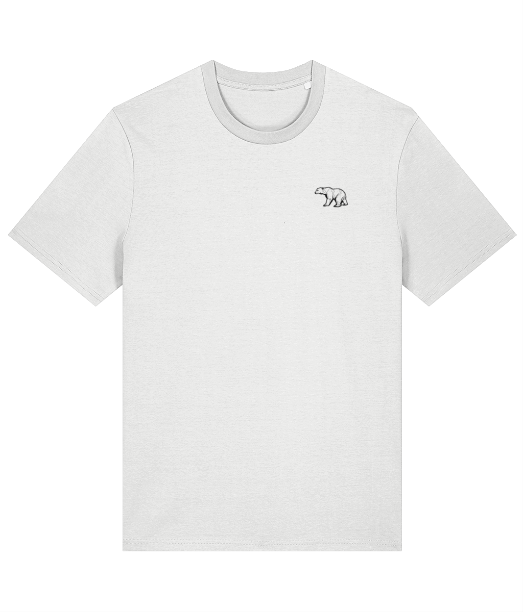 White Nanook23 Plain Bear organic cotton t-shirt with a small black geometric polar bear logo on the left chest.