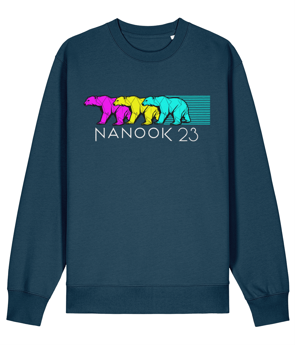 Fathom Teal dark teal Nanook23 Neon Trio organic cotton sweatshirt with three overlapping geometric polar bears in magenta, yellow and cyan above the Nanook23 name.