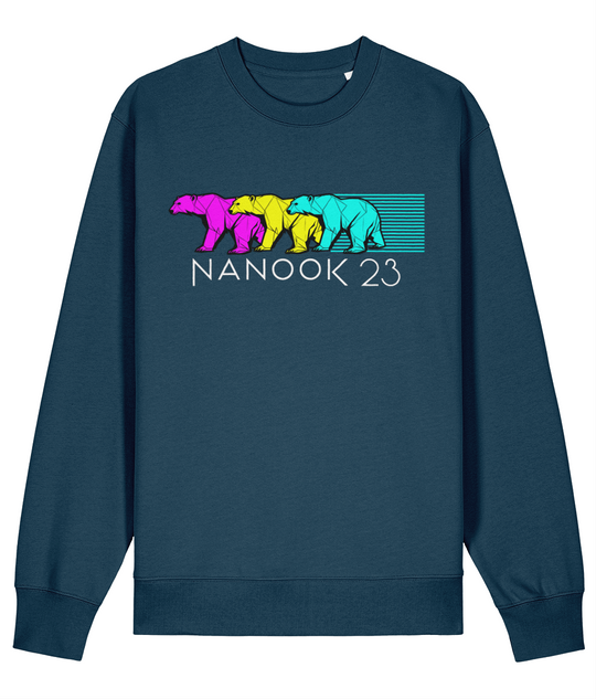 Fathom Teal dark teal Nanook23 Neon Trio organic cotton sweatshirt with three overlapping geometric polar bears in magenta, yellow and cyan above the Nanook23 name.