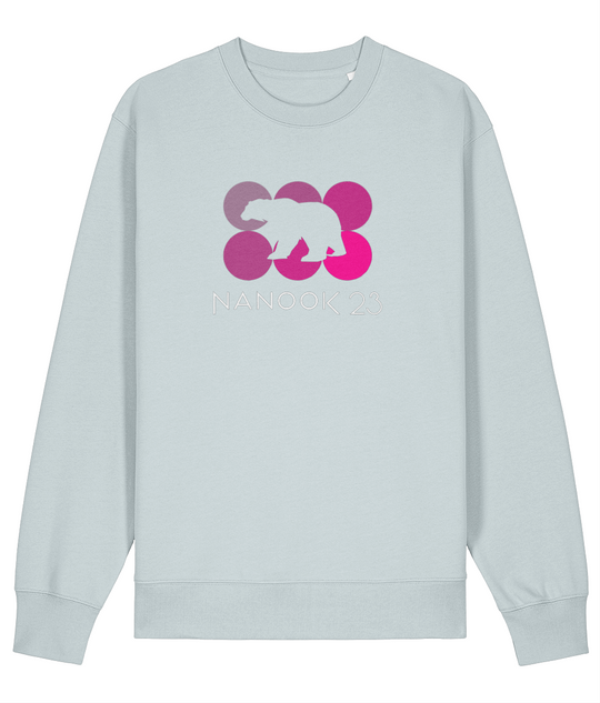 Glacier Blue pale blue Nanook23 Pink Dots organic cotton sweatshirt with six circles in shades of pink, a polar bear silhouette cut out across them and the Nanook23 name below.