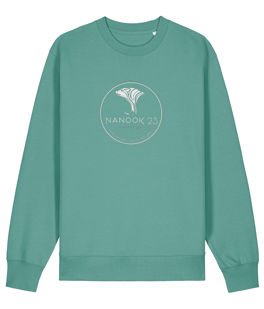 Moss Green Nanook23 Race Series Stamp organic cotton sweatshirt with a white circular badge of a stylised polar bear head above the Nanook23 name on the chest.