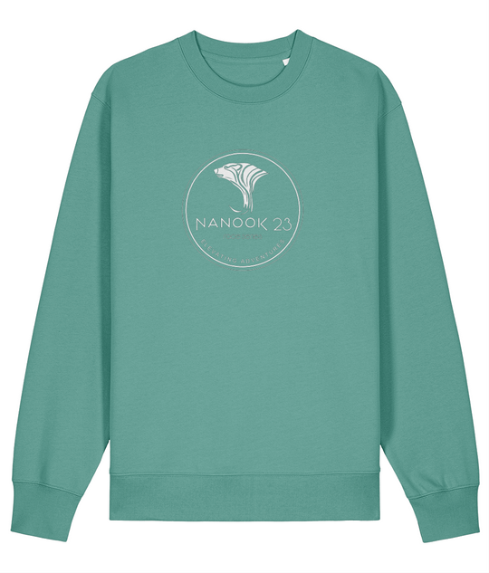 Moss Green Nanook23 Race Series Stamp organic cotton sweatshirt with a white circular badge of a stylised polar bear head above the Nanook23 name on the chest.
