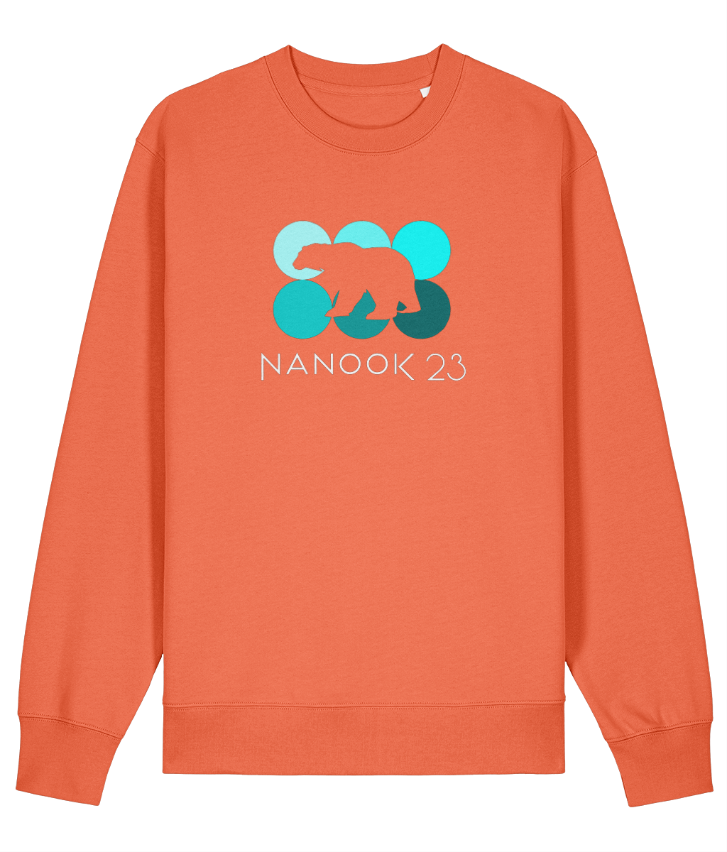 Campfire Red Nanook23 Mint Dots organic cotton sweatshirt with six circles in shades of turquoise, a polar bear silhouette cut out across them and the Nanook23 name below.