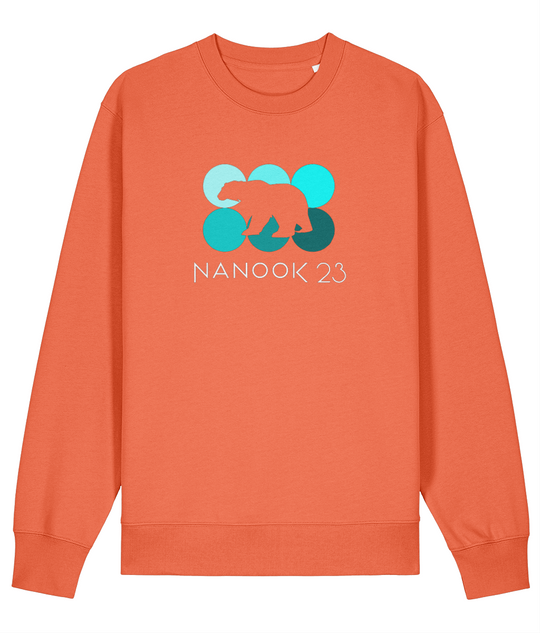 Campfire Red Nanook23 Mint Dots organic cotton sweatshirt with six circles in shades of turquoise, a polar bear silhouette cut out across them and the Nanook23 name below.