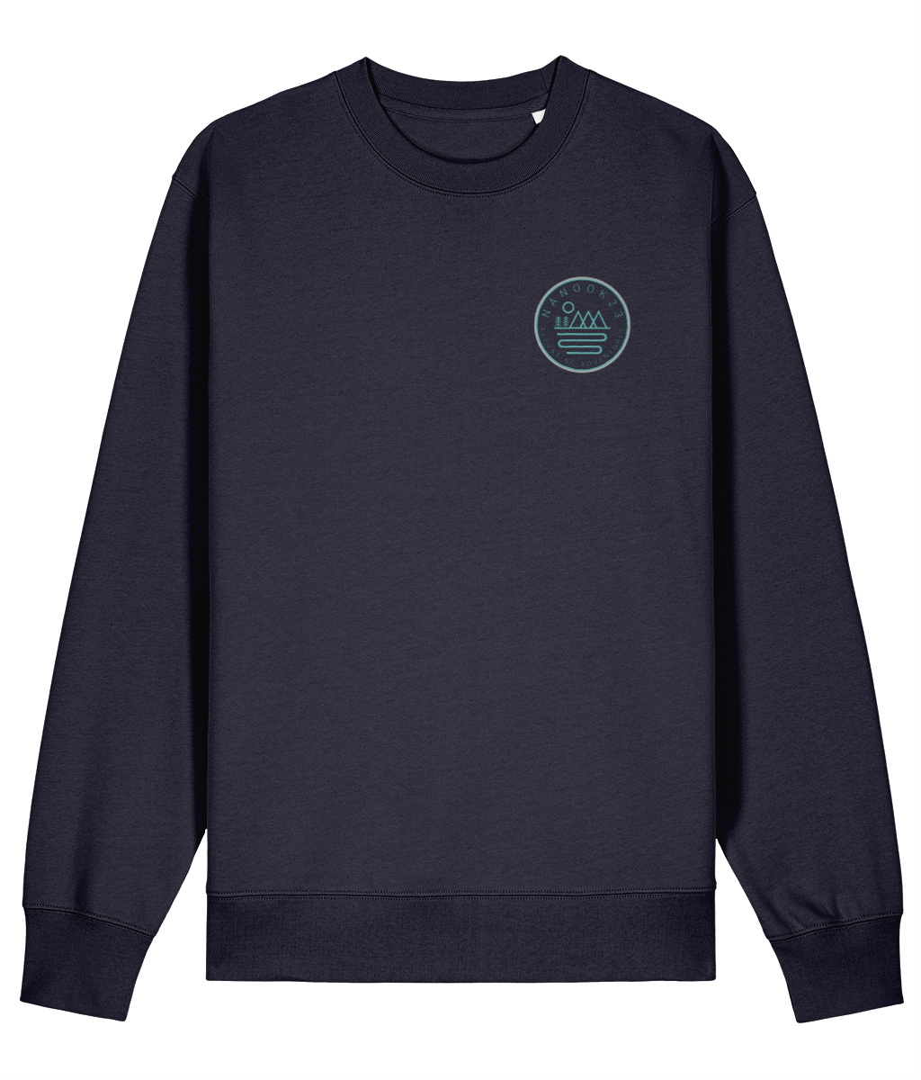 Midnight Navy dark blue Nanook23 Mountains and Rivers Blue organic cotton sweatshirt with a small blue circular mountain and river badge on the left chest.
