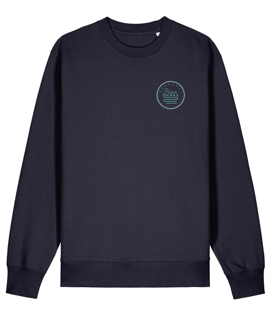 Midnight Navy dark blue Nanook23 Mountains and Rivers Blue organic cotton sweatshirt with a small blue circular mountain and river badge on the left chest.
