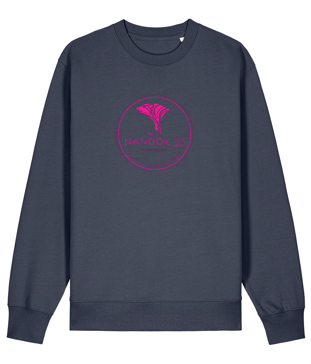 Storm Grey dark blue-grey Nanook23 Race Series Stamp Pink organic cotton sweatshirt with a pink circular badge of a stylised polar bear head above the Nanook23 name on the chest.