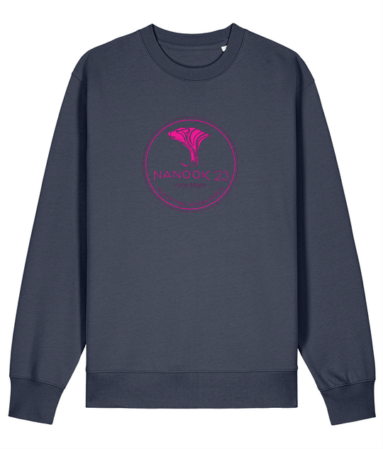 Storm Grey dark blue-grey Nanook23 Race Series Stamp Pink organic cotton sweatshirt with a pink circular badge of a stylised polar bear head above the Nanook23 name on the chest.