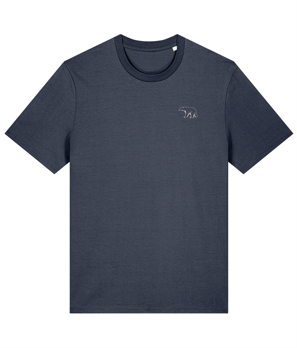Storm Grey dark blue-grey Nanook23 Plain Bear organic cotton t-shirt with a small white geometric polar bear logo on the left chest.