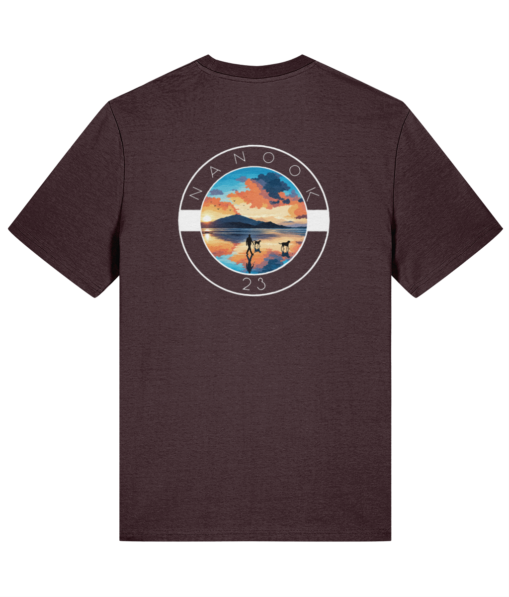 Back of the Bracken Brown rust brown Nanook23 Beach Walk t-shirt with a large print of a person walking two dogs across a beach at sunrise.