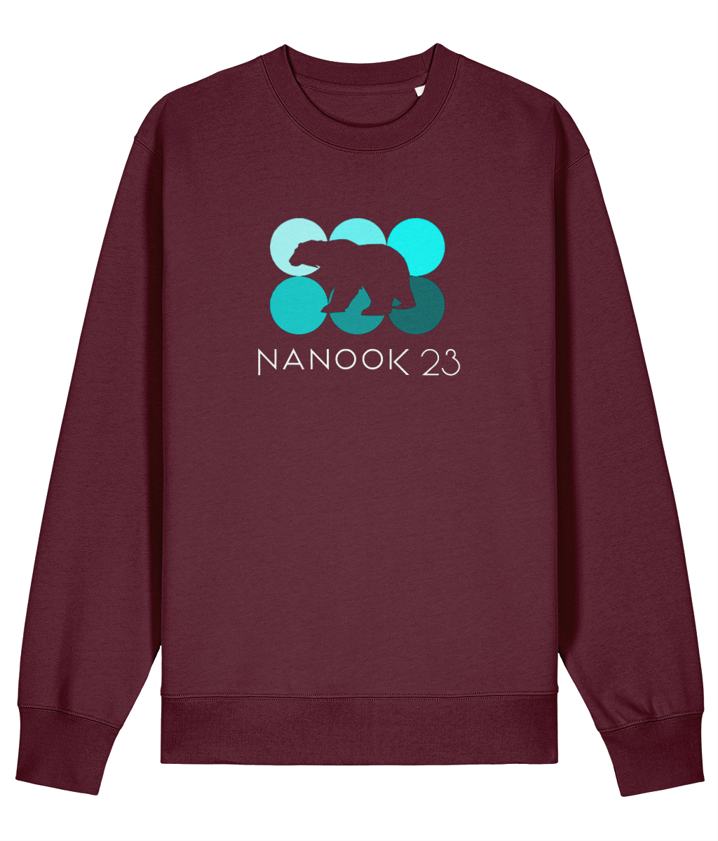 Sloe Plum deep purple Nanook23 Mint Dots organic cotton sweatshirt with six circles in shades of turquoise, a polar bear silhouette cut out across them and the Nanook23 name below.