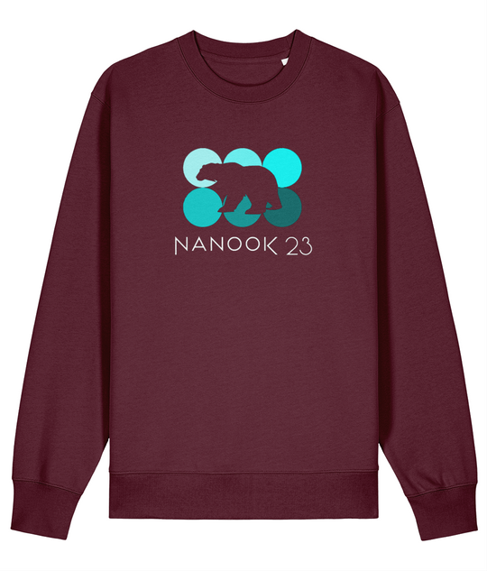 Sloe Plum deep purple Nanook23 Mint Dots organic cotton sweatshirt with six circles in shades of turquoise, a polar bear silhouette cut out across them and the Nanook23 name below.