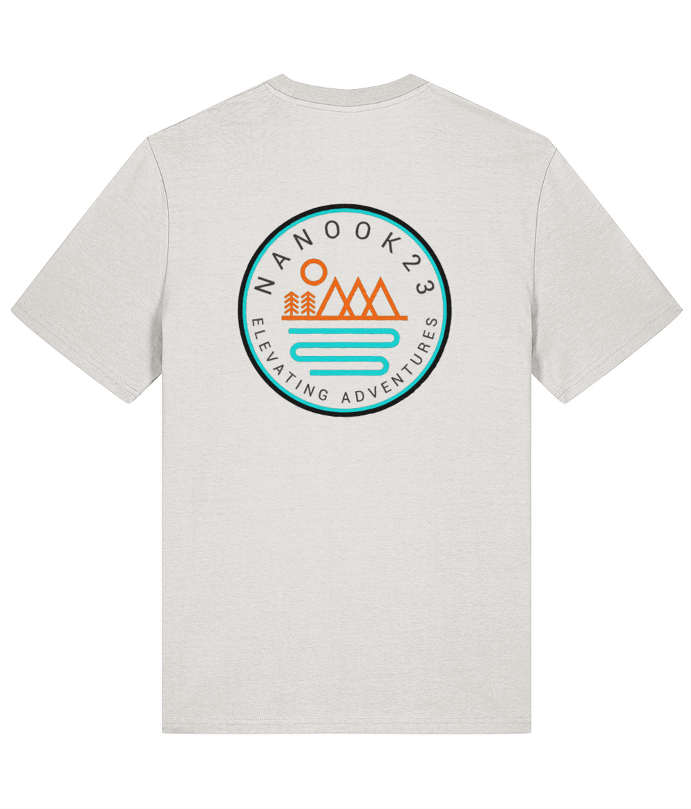 Back of the Birch White Nanook23 Mountains and Rivers t-shirt showing a large circular badge of orange mountains, trees and sun above a turquoise river.