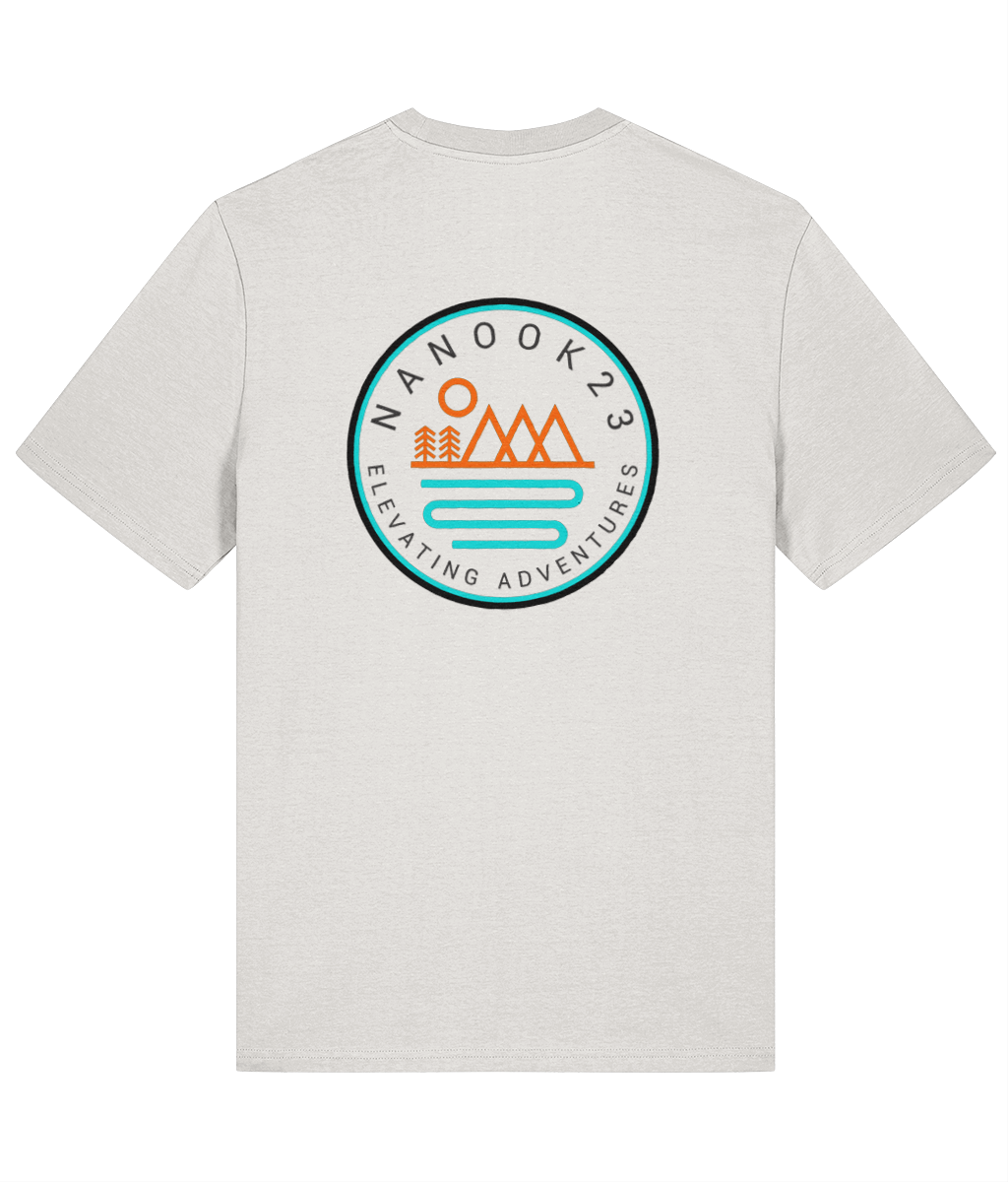 Back of the Birch White Nanook23 Mountains and Rivers t-shirt showing a large circular badge of orange mountains, trees and sun above a turquoise river.